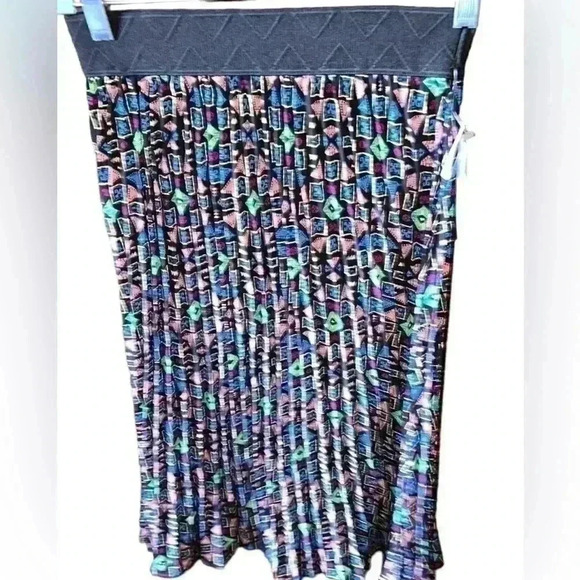 Lularoe XS black geometric pattern Jill pleated  midi skirt. NWT. Black band - Picture 1 of 5